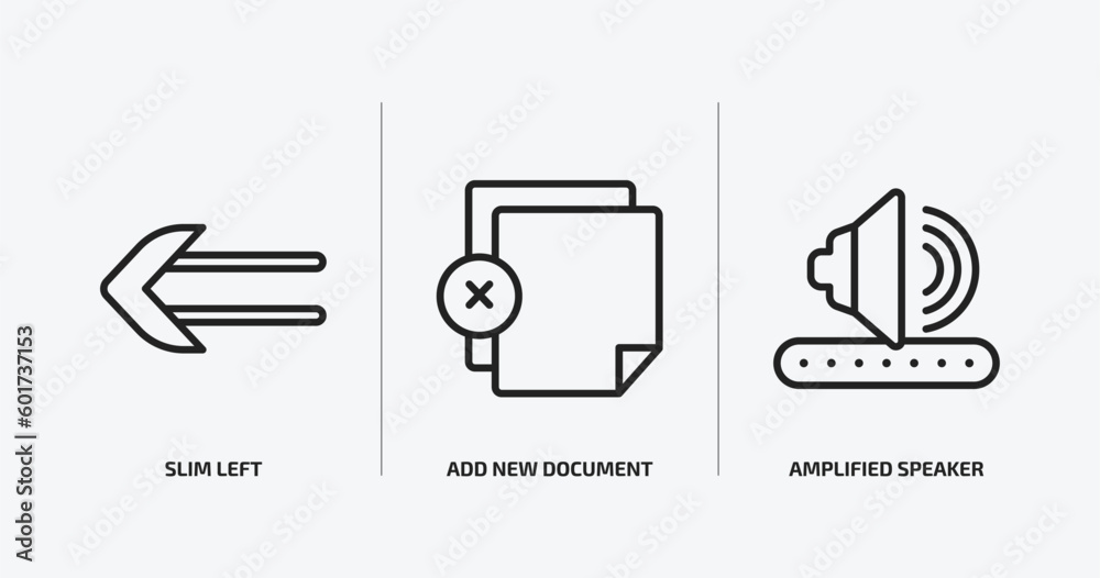 Poster user interface outline icons set. user interface icons such as slim left, add new document, amplifie