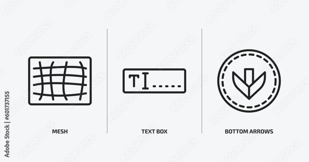 Poster user interface outline icons set. user interface icons such as mesh, text box, bottom arrows vector.