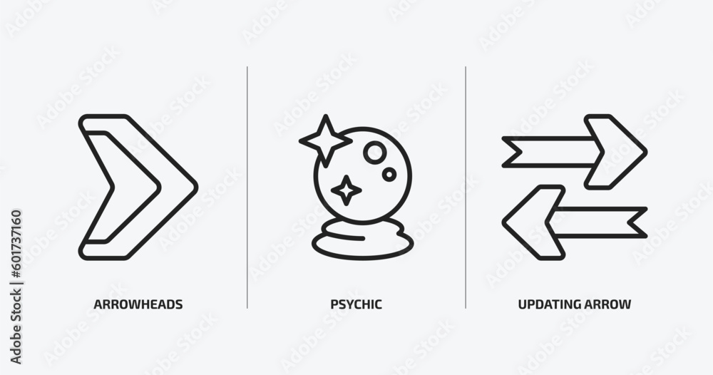 Poster user interface outline icons set. user interface icons such as arrowheads, psychic, updating arrow v