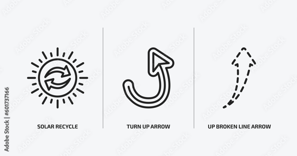Poster user interface outline icons set. user interface icons such as solar recycle, turn up arrow, up brok