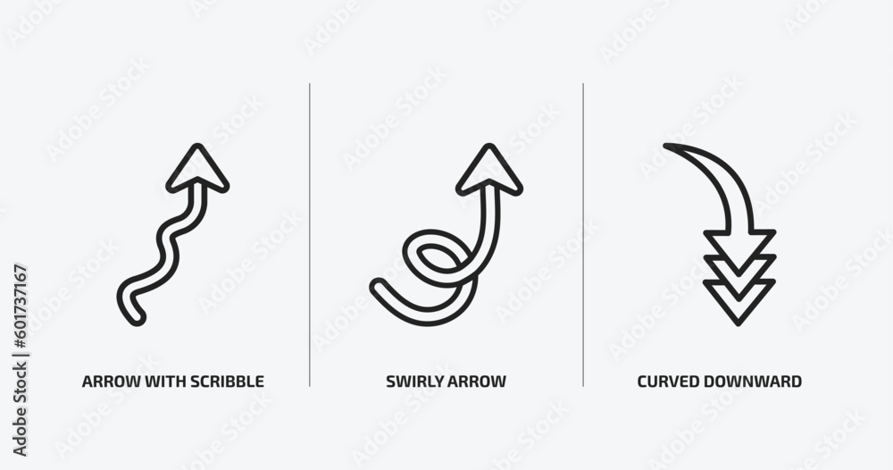 Poster user interface outline icons set. user interface icons such as arrow with scribble, swirly arrow, cu