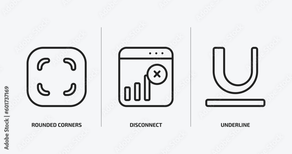 Poster user interface outline icons set. user interface icons such as rounded corners square, disconnect, u