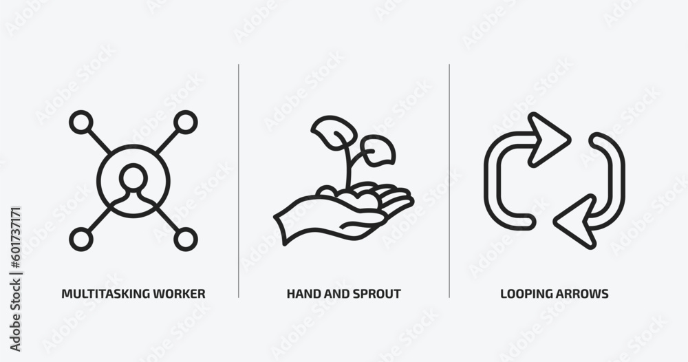 Poster user interface outline icons set. user interface icons such as multitasking worker, hand and sprout,