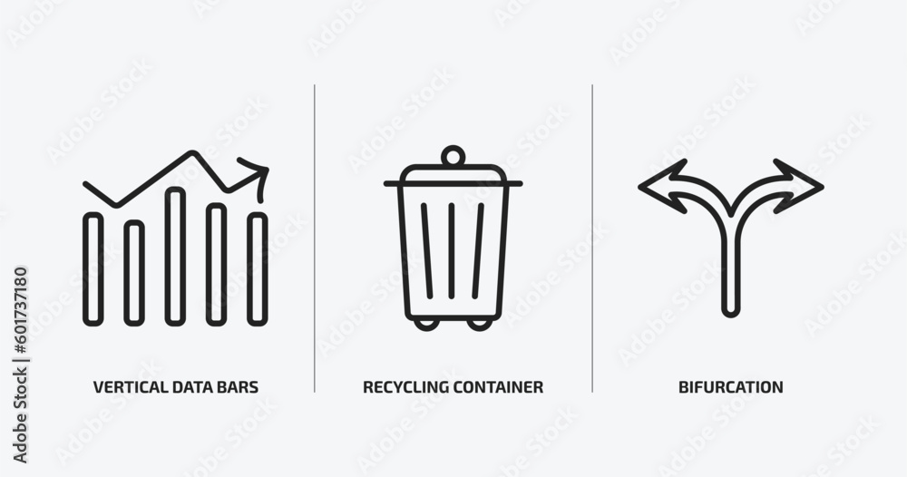 Poster user interface outline icons set. user interface icons such as vertical data bars, recycling contain