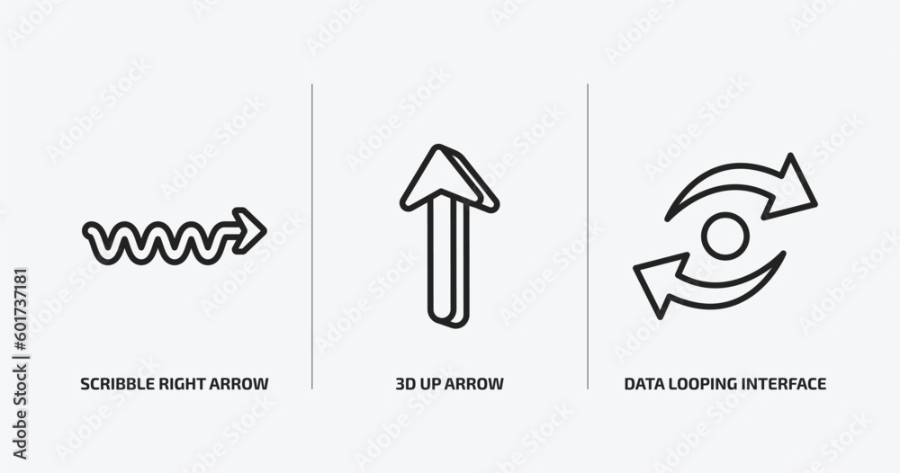 Poster user interface outline icons set. user interface icons such as scribble right arrow, 3d up arrow, da