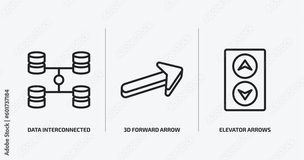 Poster user interface outline icons set. user interface icons such as data interconnected, 3d forward arrow