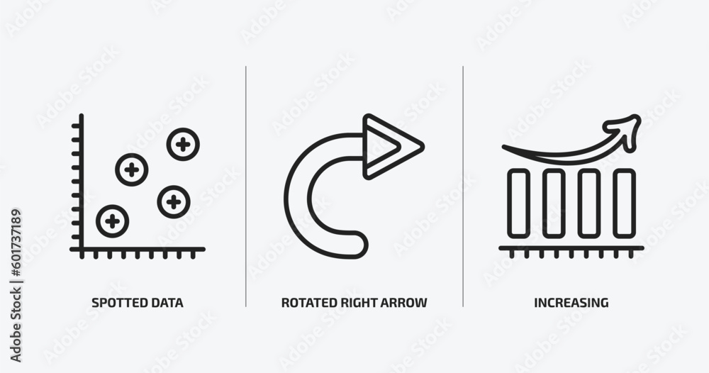 Poster user interface outline icons set. user interface icons such as spotted data, rotated right arrow, in
