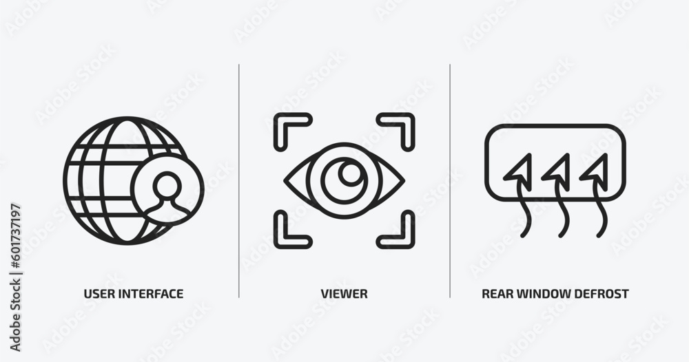 Poster user interface outline icons set. user interface icons such as user interface, viewer, rear window d