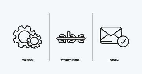 user interface outline icons set. user interface icons such as wheels, strikethrough, postal vector. can be used web and mobile.