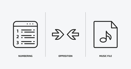 user interface outline icons set. user interface icons such as numbering, opposition, music file vector. can be used web and mobile.