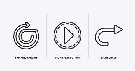 user interface collection. outline icons set. user interface collection. icons such as spinning arrows, movie play button, right curve vector. can be used web and mobile.