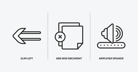 user interface outline icons set. user interface icons such as slim left, add new document, amplified speaker vector. can be used web and mobile.