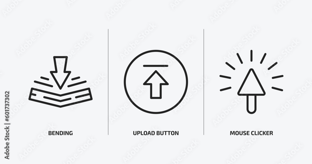Poster user interface outline icons set. user interface icons such as bending, upload button, mouse clicker