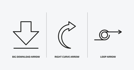 user interface outline icons set. user interface icons such as big download arrow, right curve arrow, loop arrow vector. can be used web and mobile.