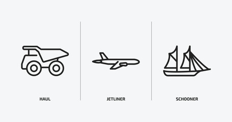 transportation outline icons set. transportation icons such as haul, jetliner, schooner vector. can be used web and mobile.