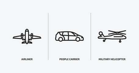 transportation outline icons set. transportation icons such as airliner, people carrier, military helicopter vector. can be used web and mobile.