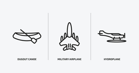 transportation outline icons set. transportation icons such as dugout canoe, military airplane, hydroplane vector. can be used web and mobile.