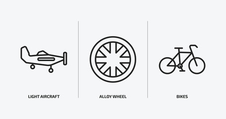 transport outline icons set. transport icons such as light aircraft, alloy wheel, bikes vector. can be used web and mobile.