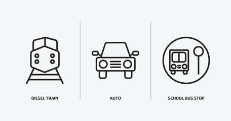 transport outline icons set. transport icons such as diesel train, auto, school bus stop vector. can be used web and mobile.