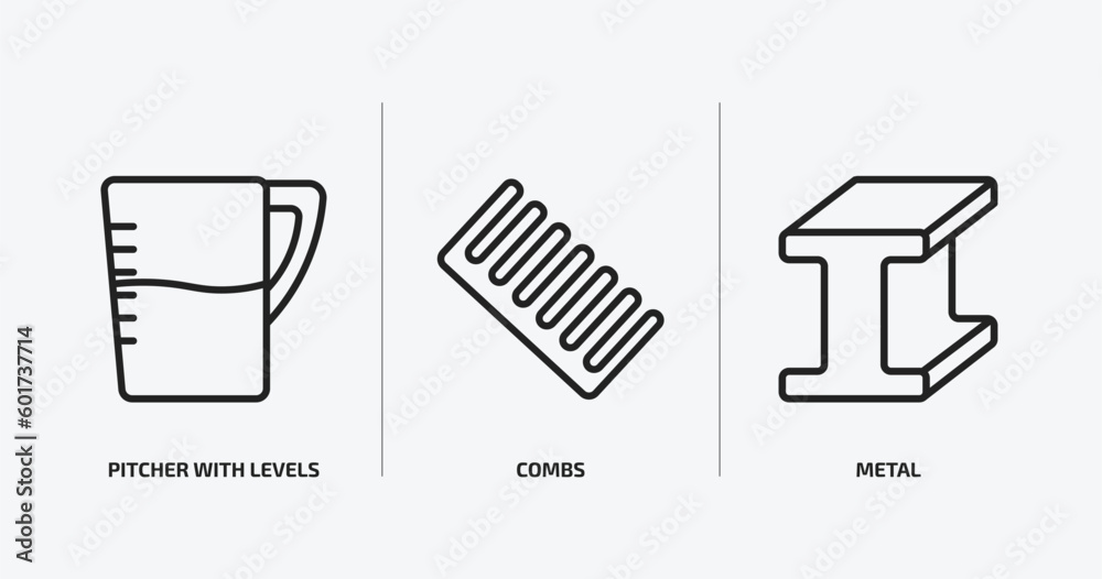 Aufkleber tools and utensils outline icons set. tools and utensils icons such as pitcher with levels, combs, m