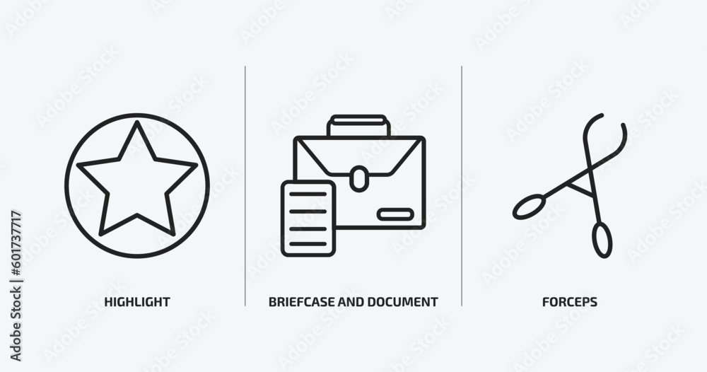 Poster tools and utensils outline icons set. tools and utensils icons such as highlight, briefcase and docu