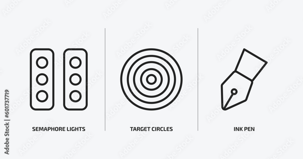 Poster tools and utensils outline icons set. tools and utensils icons such as semaphore lights, target circ
