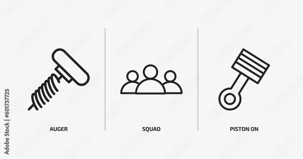 Poster tools and utensils outline icons set. tools and utensils icons such as auger, squad, piston on vecto