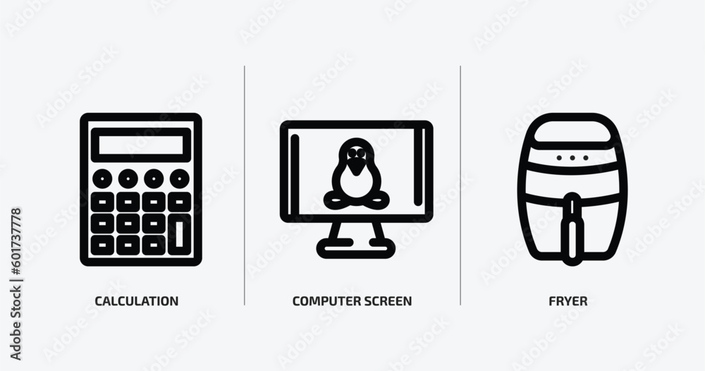 Poster technology outline icons set. technology icons such as calculation, computer screen linux, fryer vec