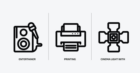 technology outline icons set. technology icons such as entertainer, printing, cinema light with cable vector. can be used web and mobile.