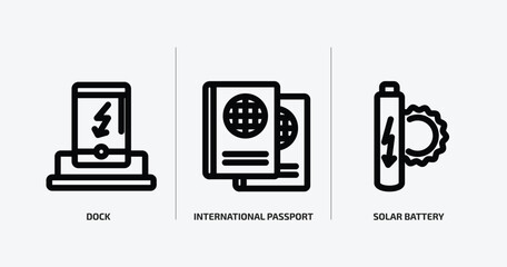technology outline icons set. technology icons such as dock, international passport, solar battery vector. can be used web and mobile.