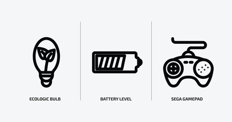 technology outline icons set. technology icons such as ecologic bulb, battery level, sega gamepad vector. can be used web and mobile.