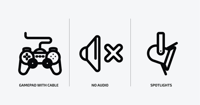 technology outline icons set. technology icons such as gamepad with cable, no audio, spotlights vector. can be used web and mobile.