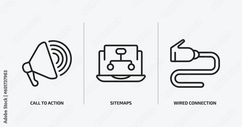 Poster technology outline icons set. technology icons such as call to action, sitemaps, wired connection ve