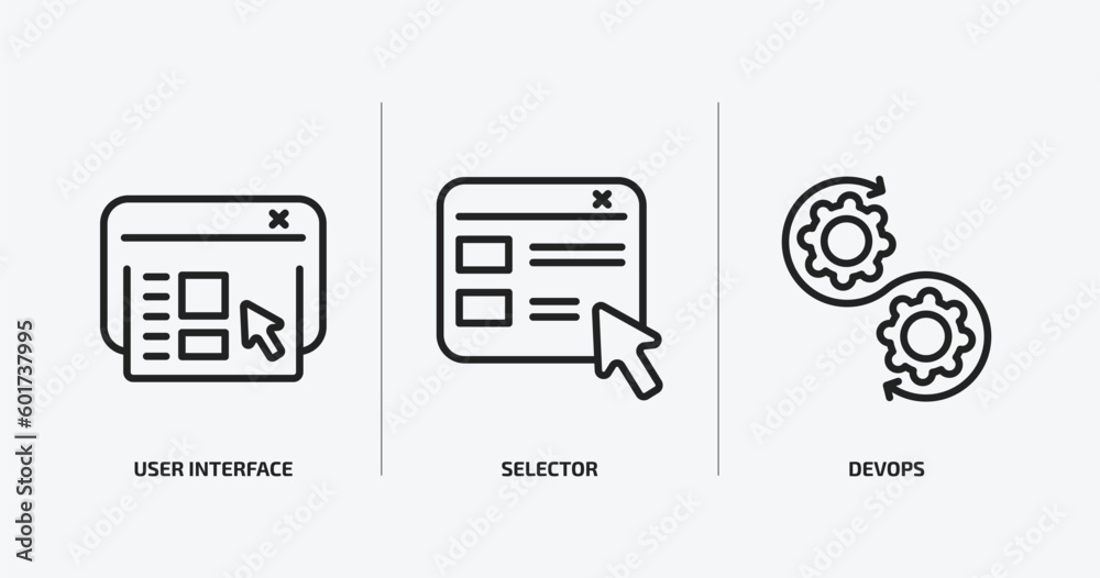 Poster technology outline icons set. technology icons such as user interface, selector, devops vector. can 