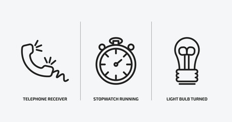 technology outline icons set. technology icons such as telephone receiver, stopwatch running, light bulb turned off vector. can be used web and mobile. - obrazy, fototapety, plakaty