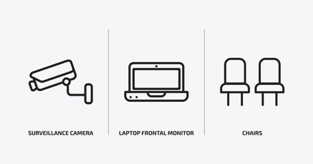 technology outline icons set. technology icons such as surveillance camera, laptop frontal monitor, chairs vector. can be used web and mobile.