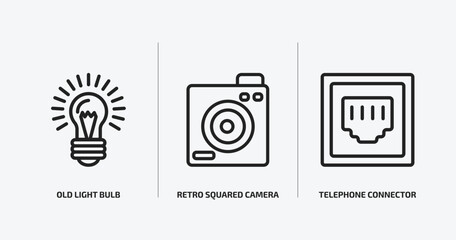 technology outline icons set. technology icons such as old light bulb, retro squared camera, telephone connector vector. can be used web and mobile.