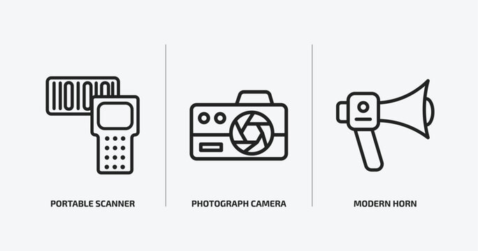 technology outline icons set. technology icons such as portable scanner, photograph camera, modern horn vector. can be used web and mobile.