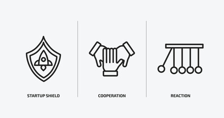 startup stategy and outline icons set. startup stategy and icons such as startup shield, cooperation, reaction vector. can be used web and mobile.