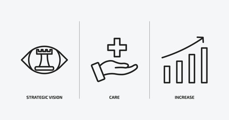 startup stategy and outline icons set. startup stategy and icons such as strategic vision, care, increase vector. can be used web and mobile.