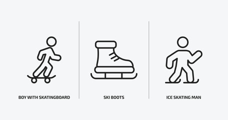 sports outline icons set. sports icons such as boy with skatingboard, ski boots, ice skating man vector. can be used web and mobile.