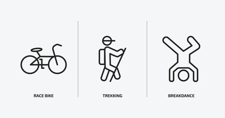 sports outline icons set. sports icons such as race bike, trekking, breakdance vector. can be used web and mobile.
