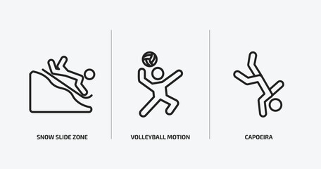 sports outline icons set. sports icons such as snow slide zone, volleyball motion, capoeira vector. can be used web and mobile.