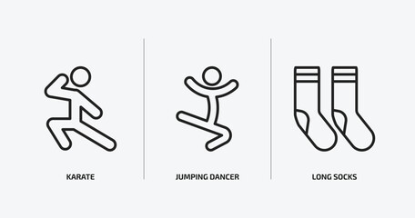 sports outline icons set. sports icons such as karate, jumping dancer, long socks vector. can be used web and mobile.
