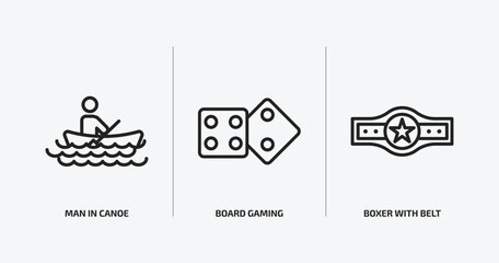 sports outline icons set. sports icons such as man in canoe, board gaming, boxer with belt vector. can be used web and mobile.