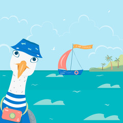 Seagull on the background of the seascape. cartoon style. the seagull is wearing a panama and a camera