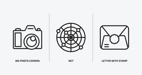 social media marketing outline icons set. social media marketing icons such as big photo camera, net, letter with stamp vector. can be used web and mobile.