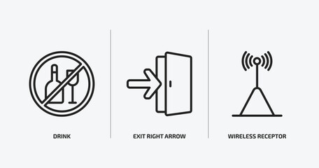 signs outline icons set. signs icons such as drink, exit right arrow, wireless receptor vector. can be used web and mobile.