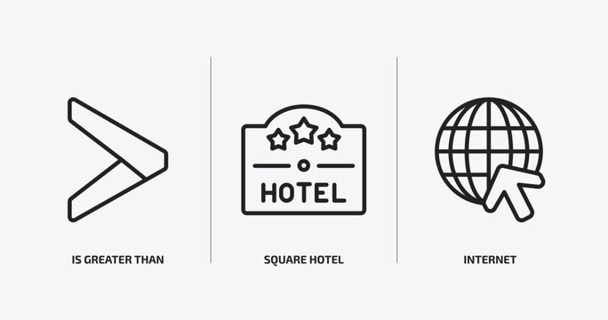 signs outline icons set. signs icons such as is greater than, square hotel, internet vector. can be used web and mobile.