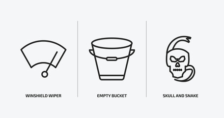 shapes outline icons set. shapes icons such as winshield wiper, empty bucket, skull and snake vector. can be used web and mobile.